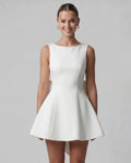 Boat Neck Open Back A Line Mini Dress with Bow Detail