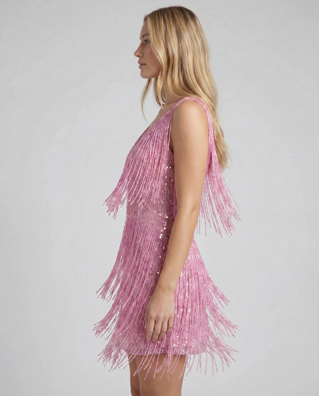 V Neck Sleeveless Sequin Fringe Mini Dress