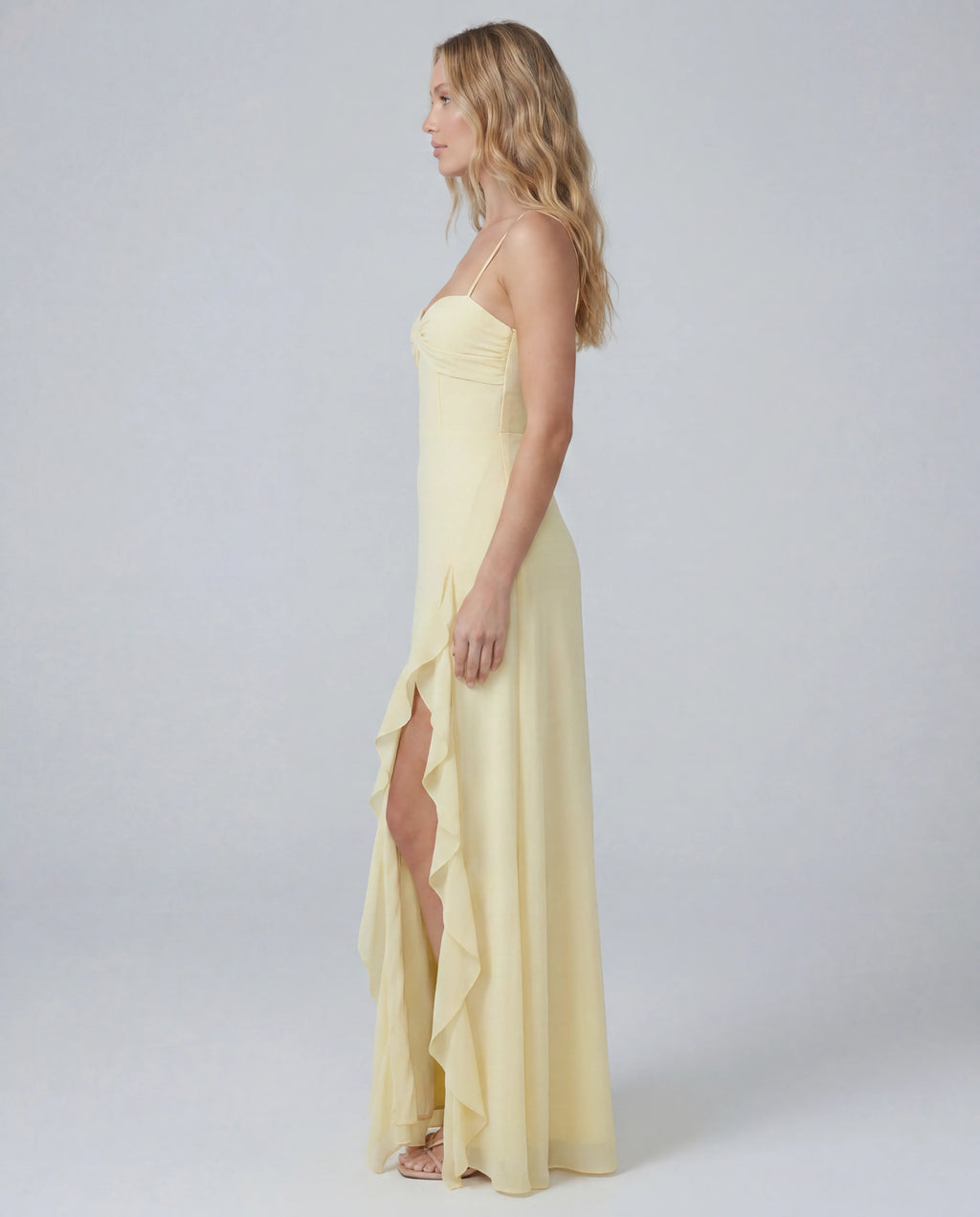 Spaghetti Strap Sweetheart Corset Bodice Ruffle Side Split Maxi Dress